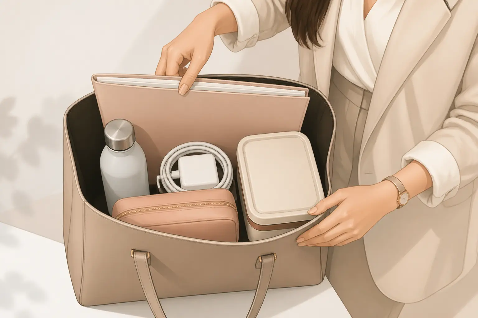 Sac pour travailler femme ouvert avec dossier A4, gourde, chargeur, trousse maquillage et lunch box