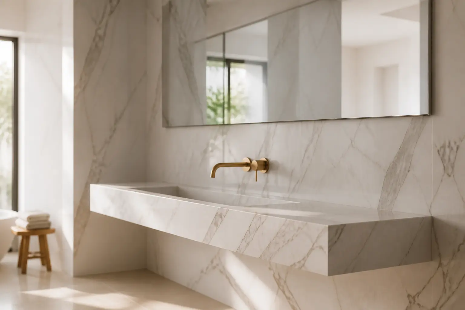 Salle de bain marbre lumineuse avec vasque flottante, miroir large et robinet en laiton discret.