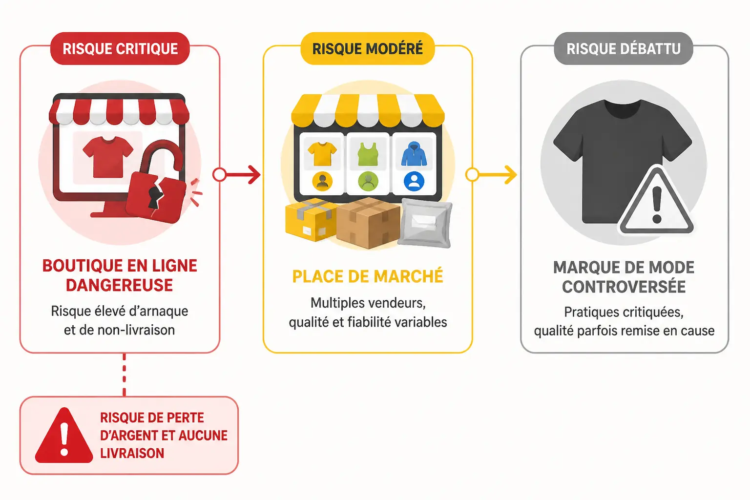 Site de vêtement à éviter : schéma des risques avec boutique rouge, marketplace jaune et marque grise