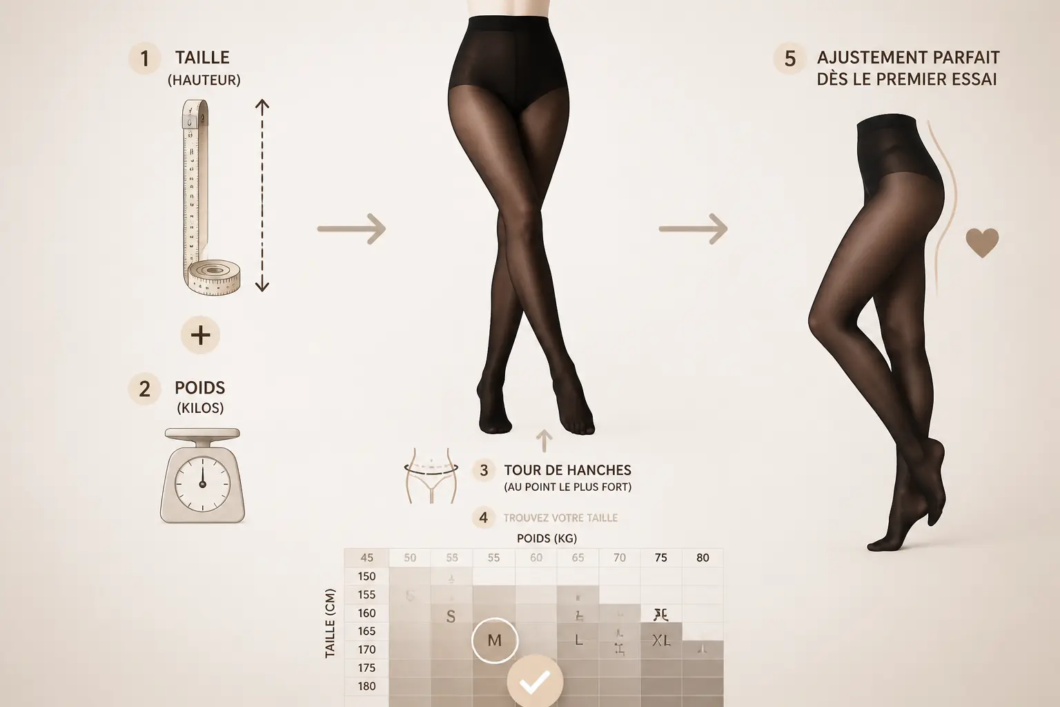 Taille collant : infographie simple avec hauteur, poids, hanches et taille correcte cochée.