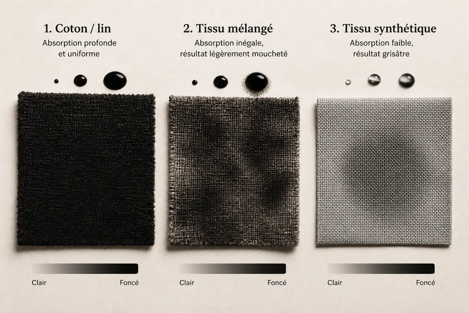 Teindre en noir un vetement : comparaison de trois tissus, coton, mélange et synthétique, face à la teinture noire