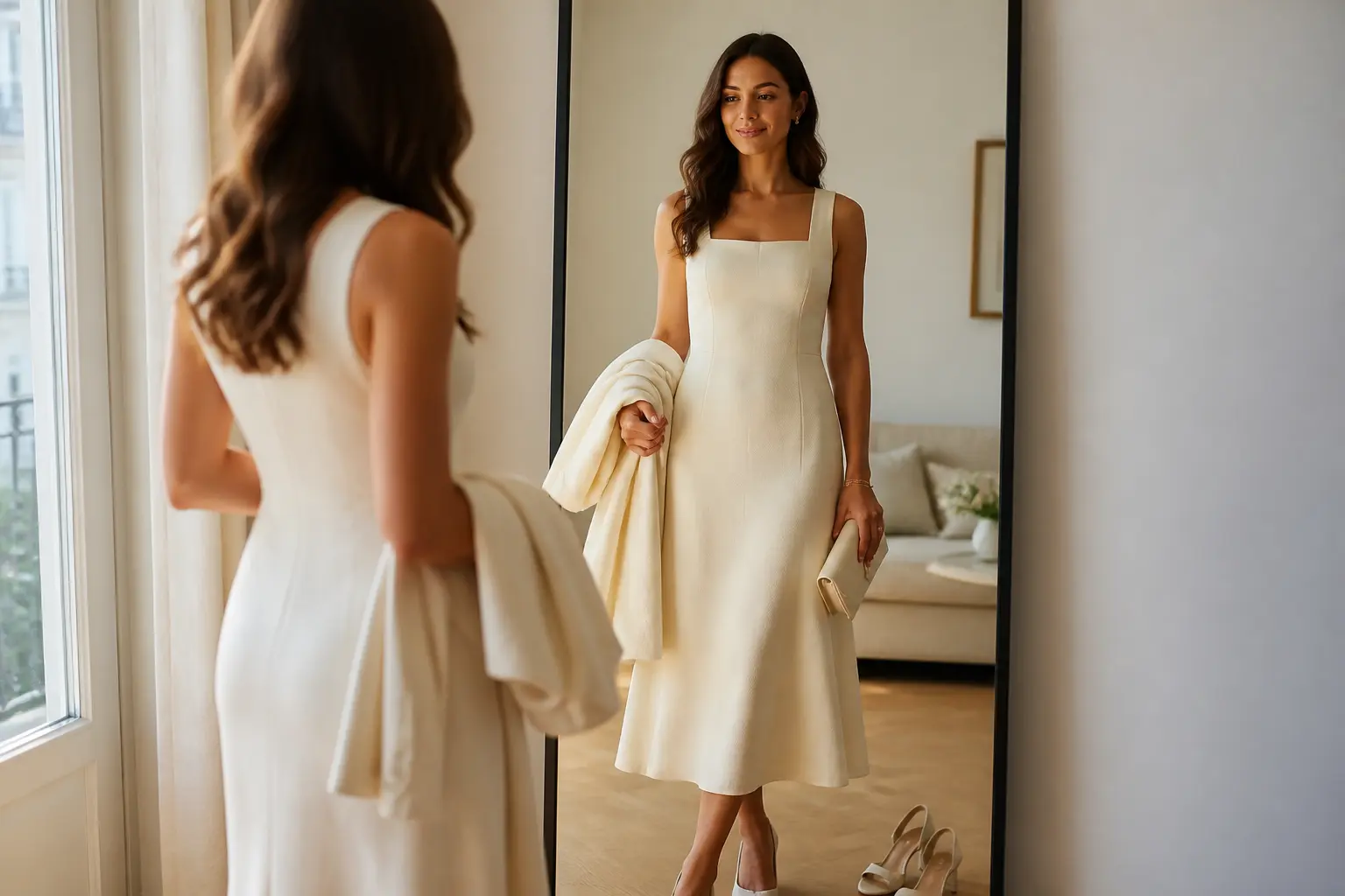 Tenue pour le mariage civil : robe midi ivoire, blazer léger et escarpins bas pour la mairie