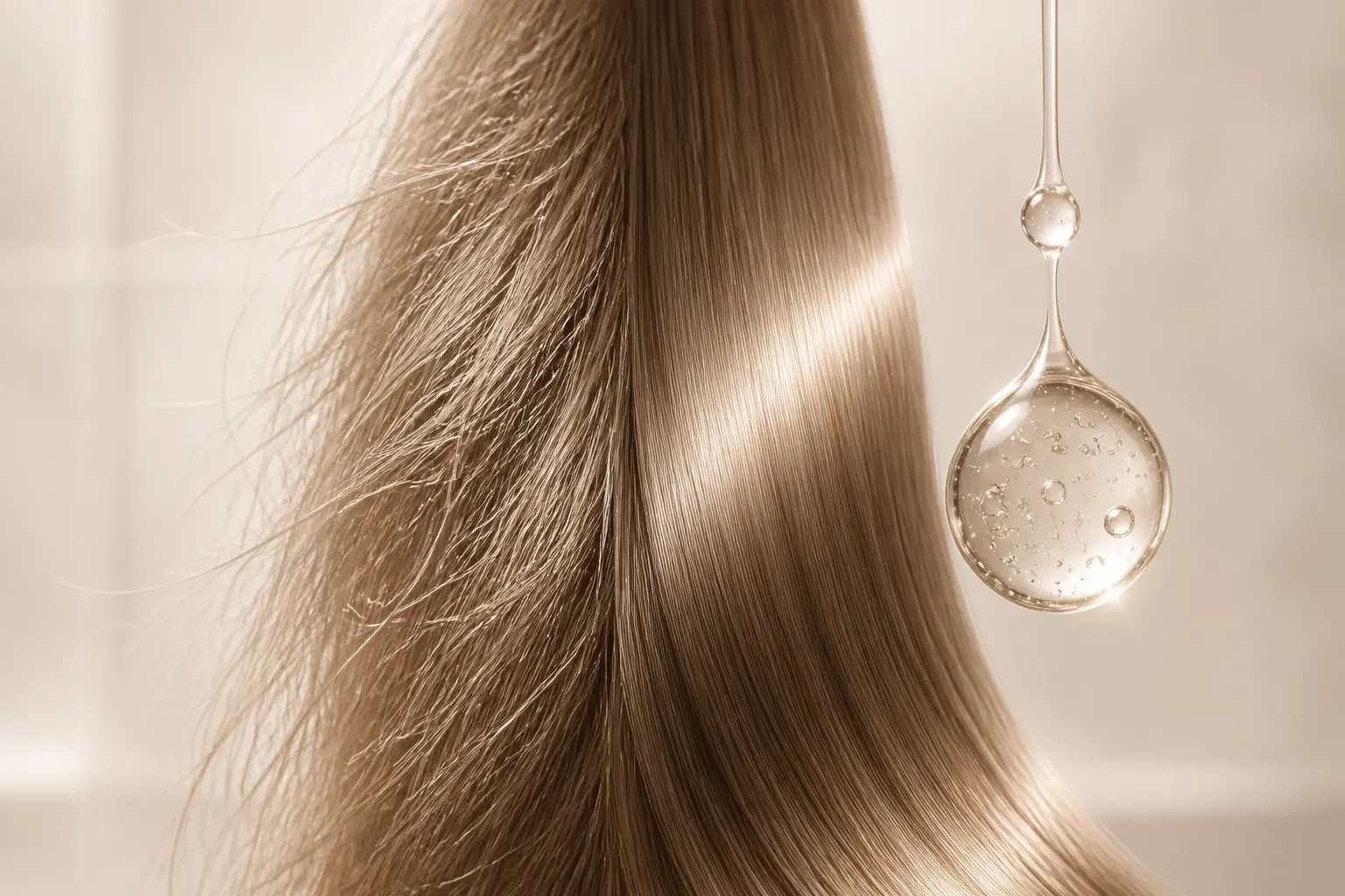 Acide hyaluronique cheveux : mèche sombre passant du sec au brillant, souple et hydraté