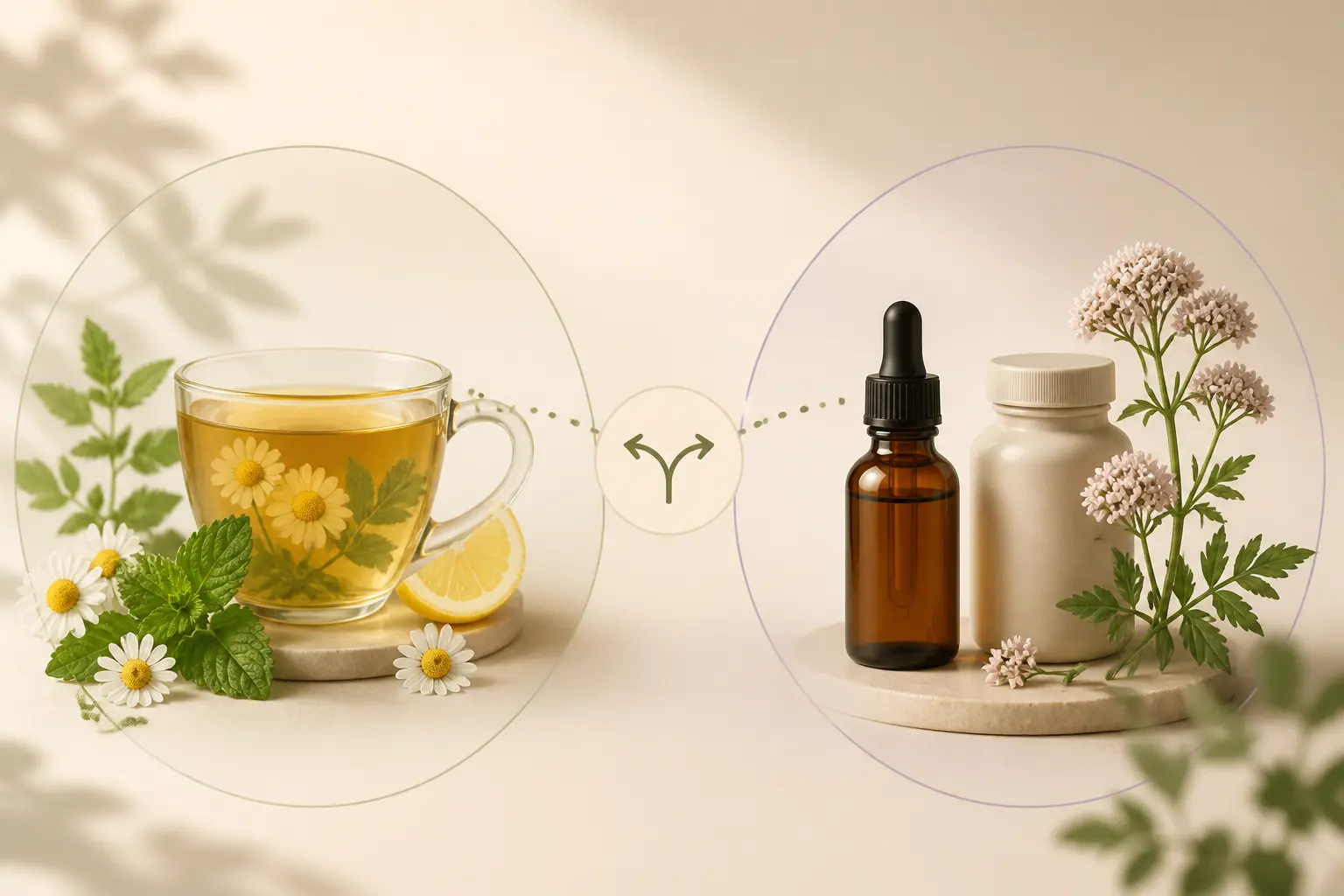Anti stress naturel : choix entre tisane camomille-mélisse pour tension ponctuelle et valériane pour fatigue nerveuse.