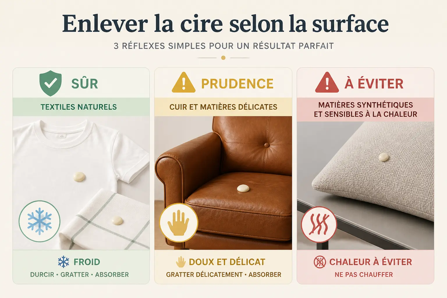Astuce de grand-mère pour enlever la cire : guide visuel selon la matière, textile, cuir et synthétique.