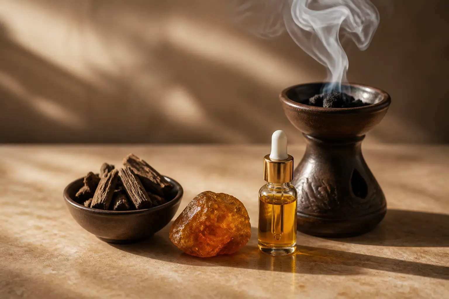 Bakhoor de qualité : bois d’oud, résine ambrée, huile parfumée et brûle-parfum fumant.