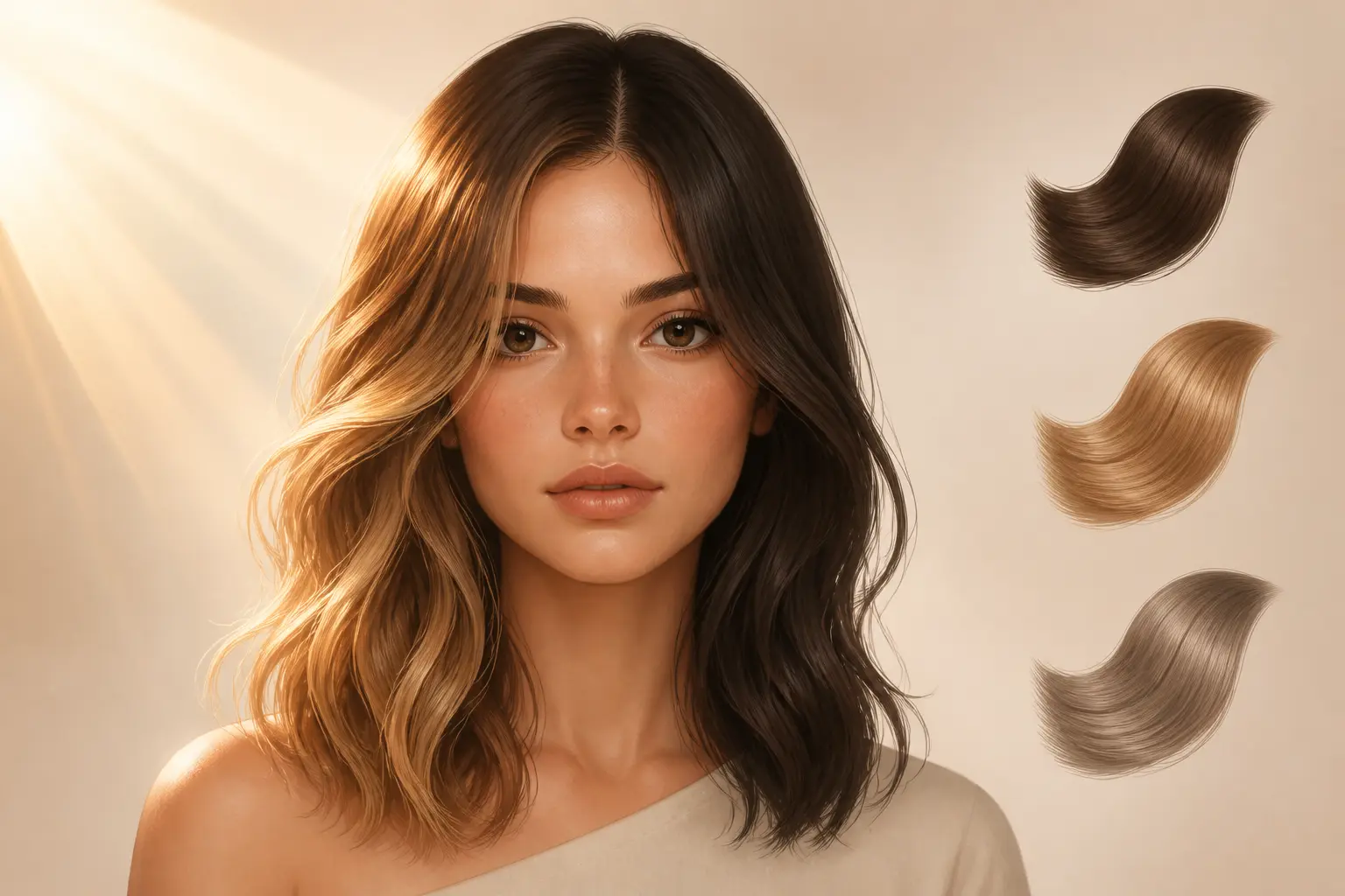 Balayage californien sur femme, contraste subtil entre base naturelle et reflets soleil, avec trois nuances flottantes.
