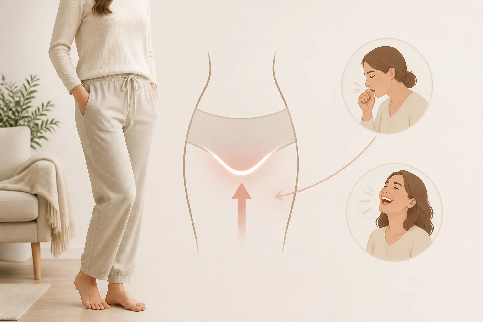 Comment muscler son périnée : femme en tenue d’intérieur, bassin mis en valeur, toux et rire suggérant la prévention des fuites.