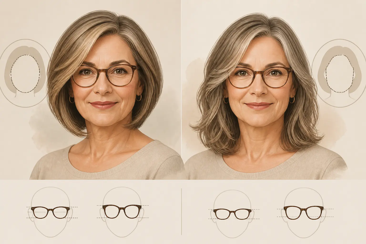 Coupe de cheveux femme 50 ans avec lunettes : comparaison d’un bob allongé et d’un carré souple selon la forme du visage