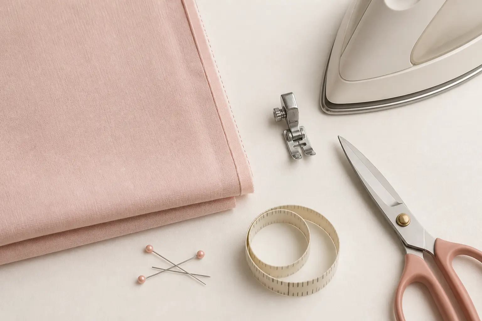 Couture anglaise : tissu plié, pied-de-biche, ciseaux, mètre et marge de couture précise.