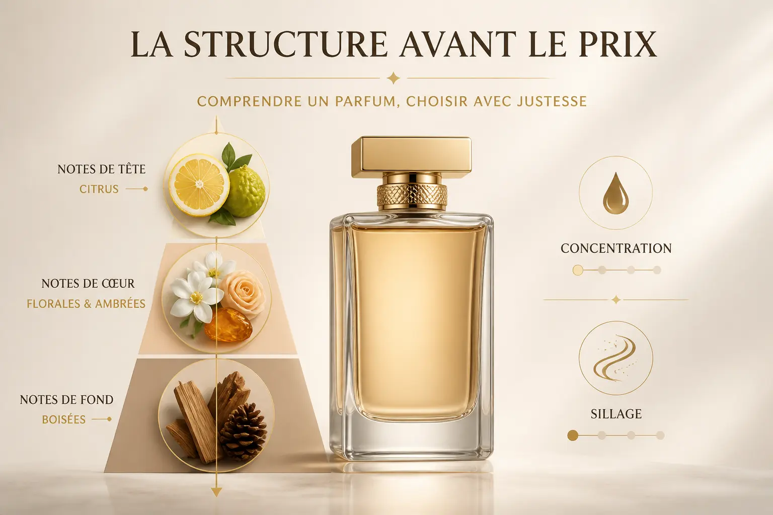 Dupe parfum : schéma premium d’un flacon avec notes tête, cœur, fond, concentration et sillage.