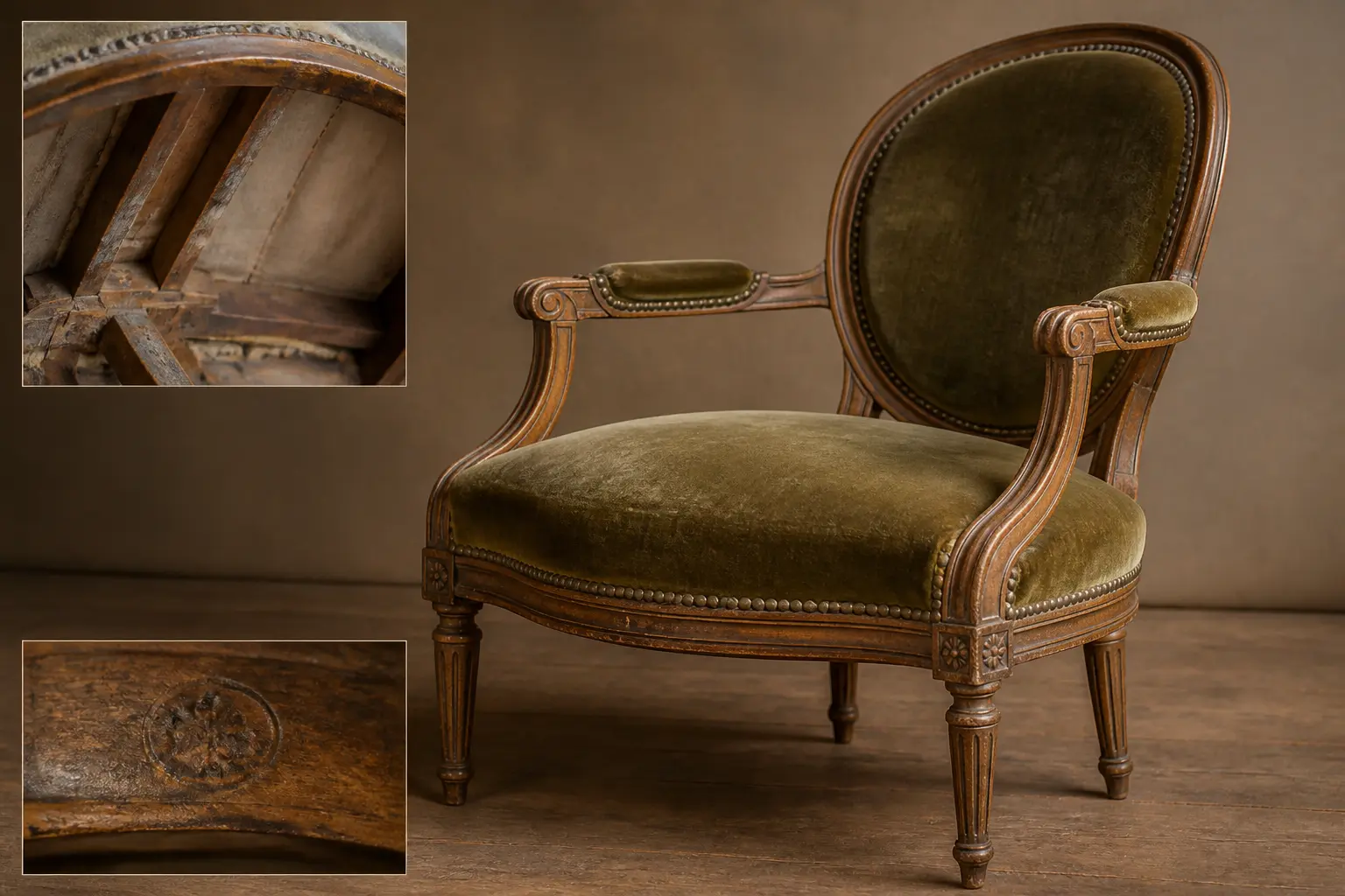 Fauteuil ancien authentique en gros plan, patine cohérente, velours usé et détails d’assemblage