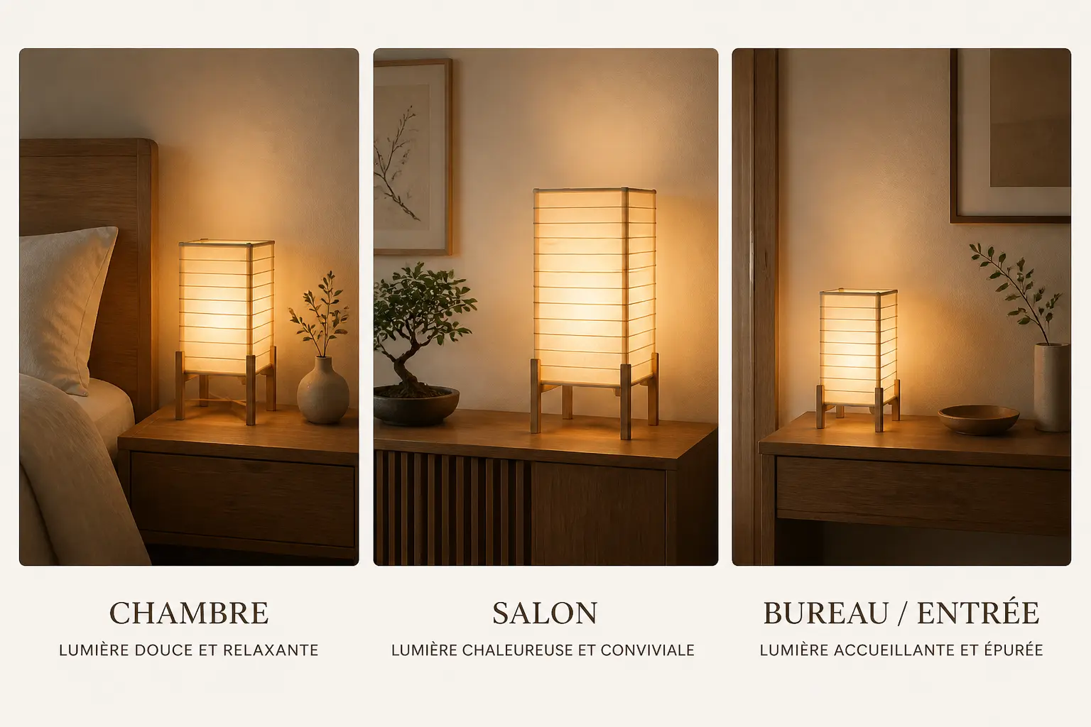 Comparatif de lampe japonaise selon la pièce : chambre, salon et bureau ou entrée.