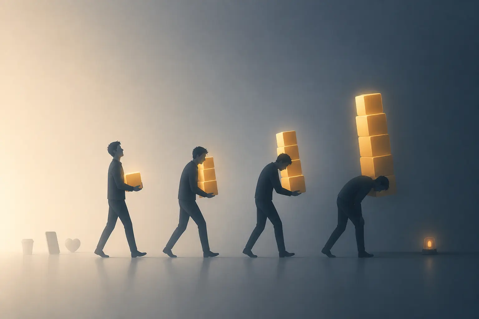 Les 12 étapes du burn-out : silhouette portant des blocs de travail, essentiels personnels qui s’effacent.