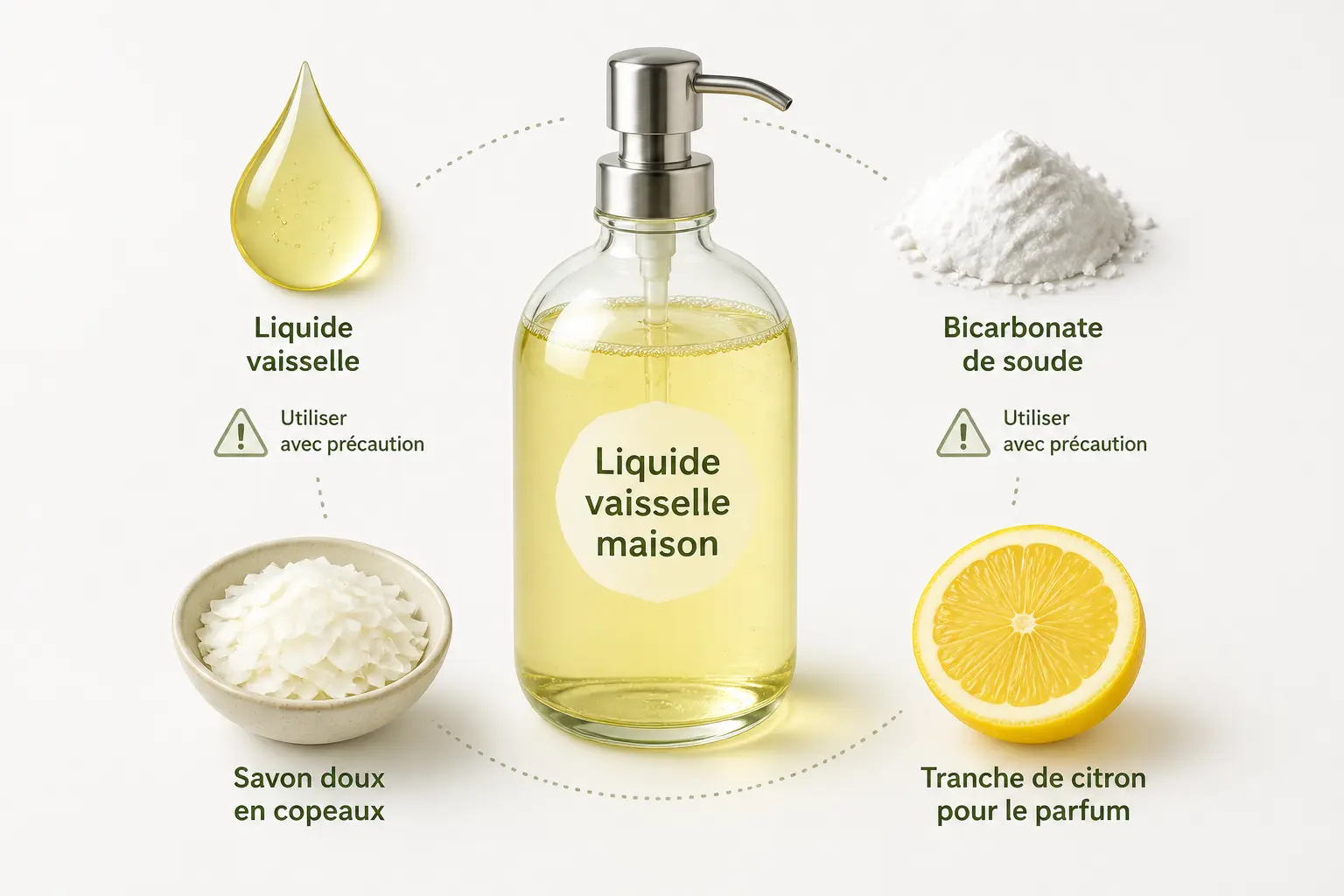 Liquide vaisselle maison : ingrédients clés illustrés avec savon, bicarbonate, flocons et citron.