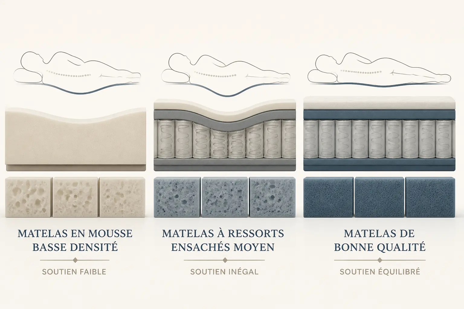 Marque de matelas à éviter : comparaison de trois matelas montrant faible densité, soutien inégal et bon maintien.