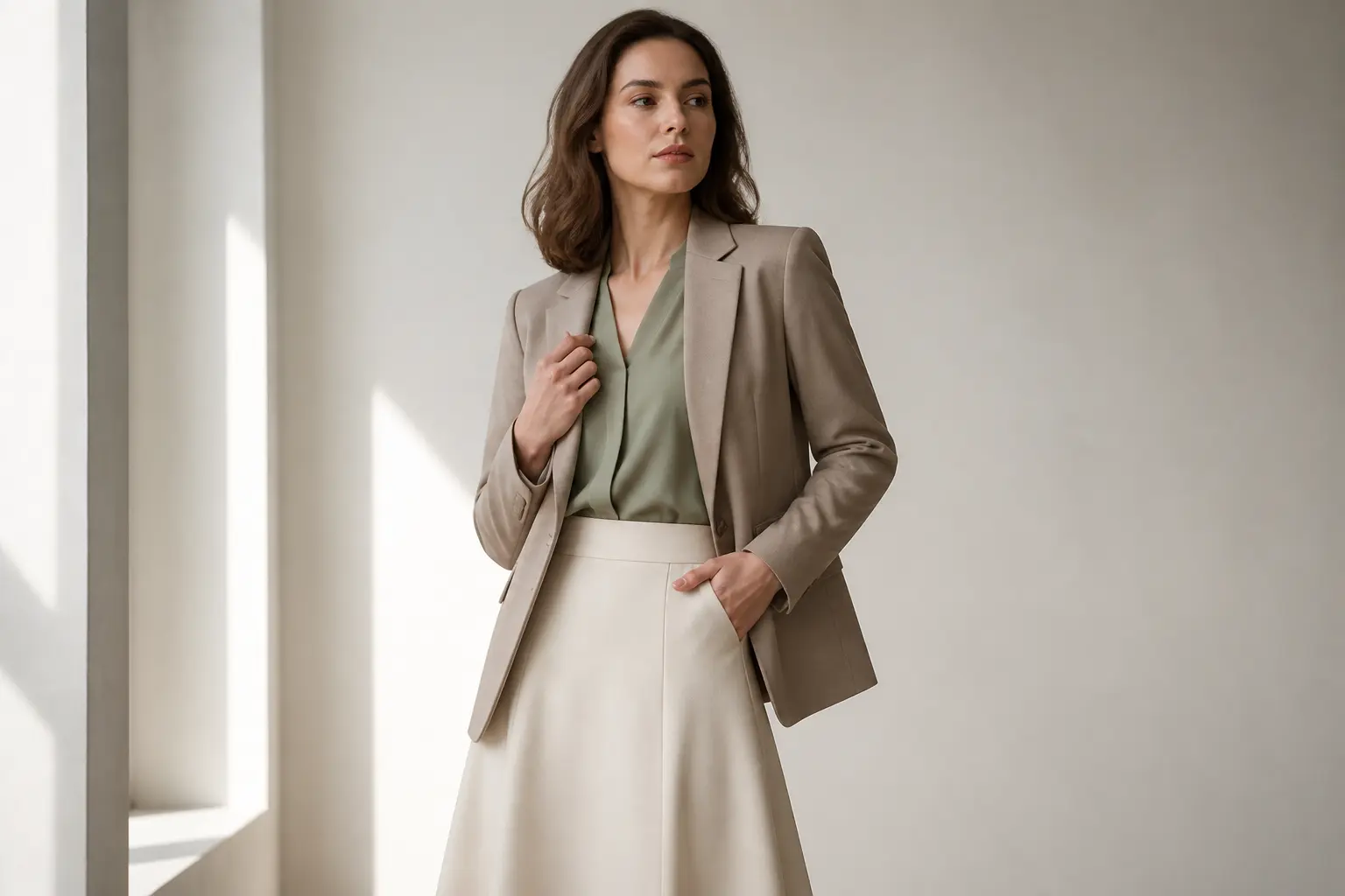Morphologie en h : femme en blazer cintré et jupe trapèze, silhouette droite subtilement structurée