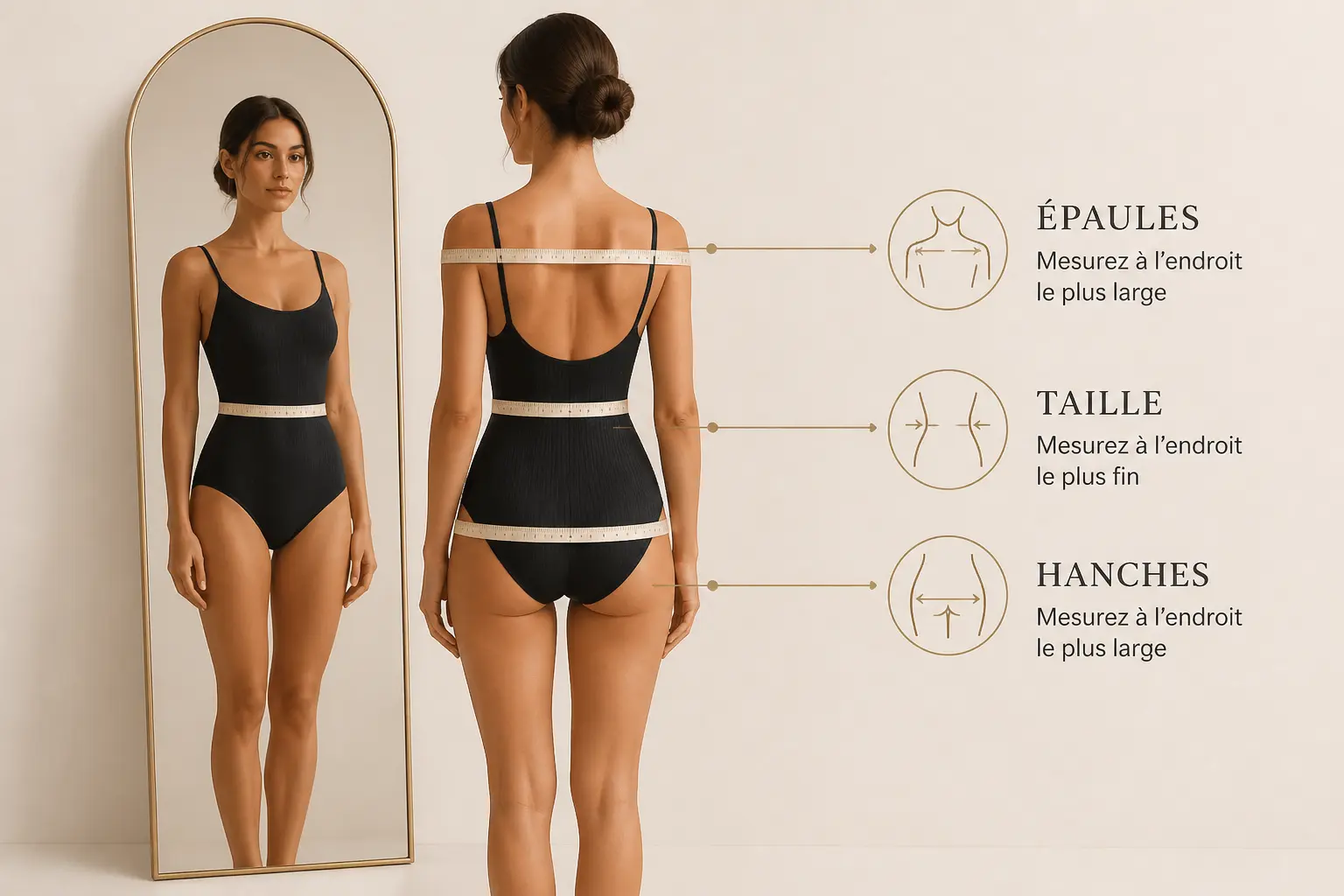 Morphologie femme : une femme devant un miroir, avec mètre ruban et repères épaules, taille, hanches.