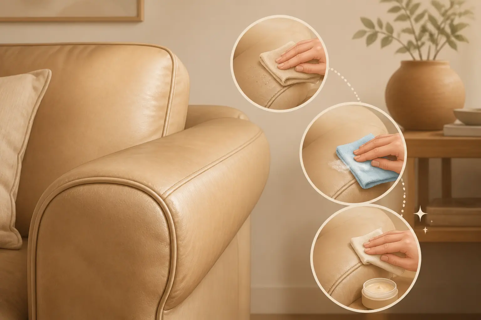 Nettoyer canapé cuir : routine en 3 étapes avec chiffon microfibre, eau savonneuse diluée et soin protecteur.