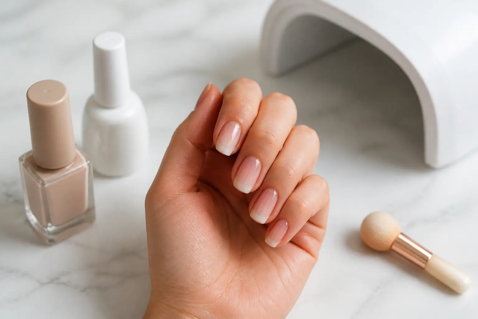 Ongle baby boomer à la maison : main préparée, vernis nude, gel blanc, éponge et lampe LED