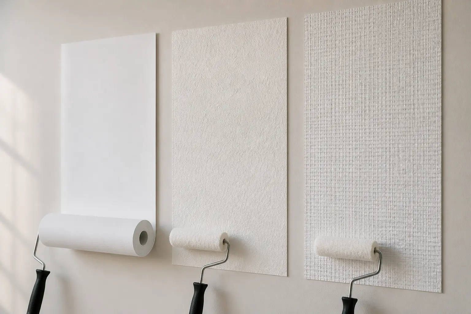 Comparatif de papier peint à peindre : fibre à peindre, intissé et toile de verre sur mur neutre