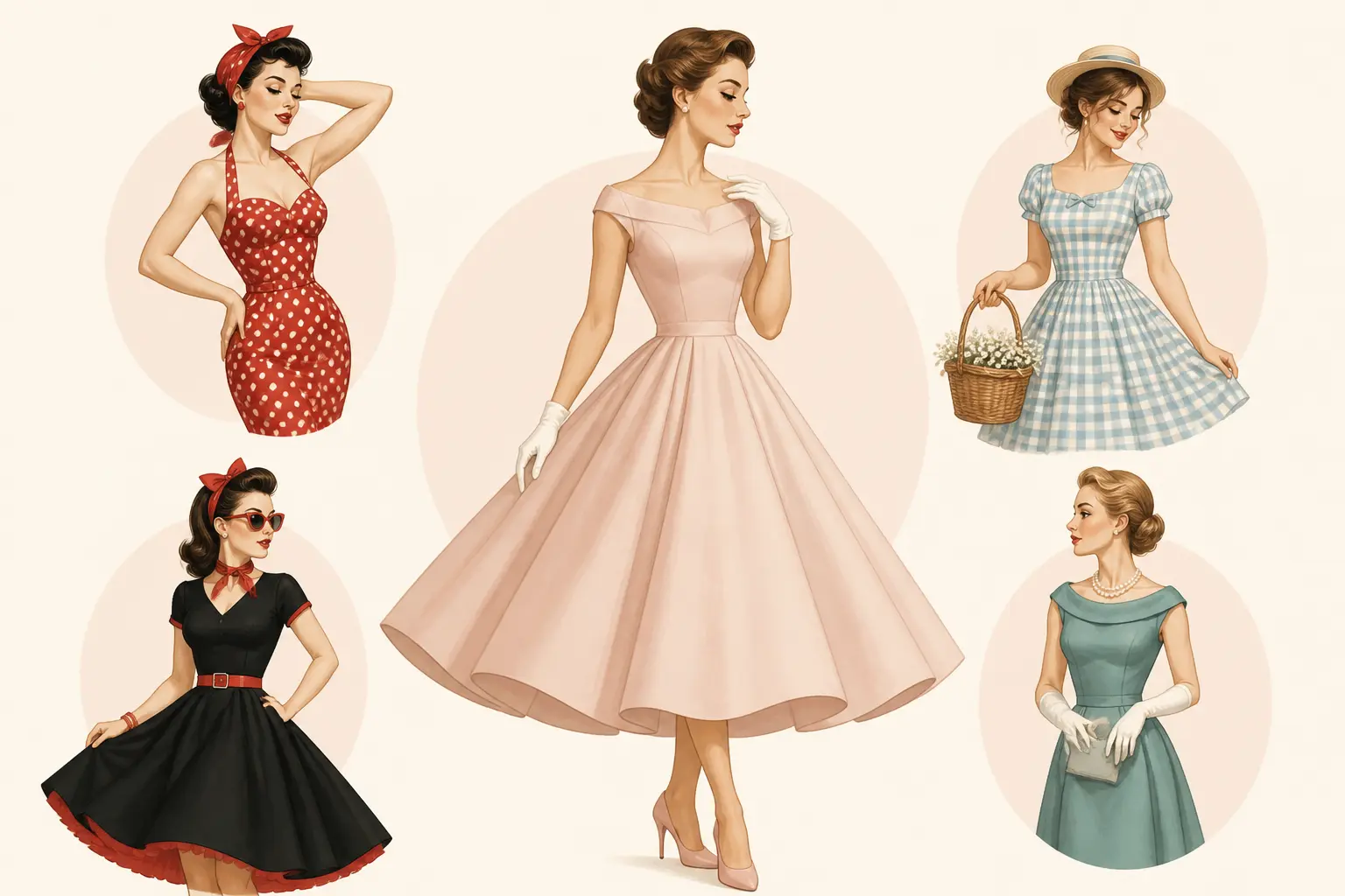 Robe année 50 : illustration comparant quatre styles rétro, pin-up, rockabilly, guinguette et chic.
