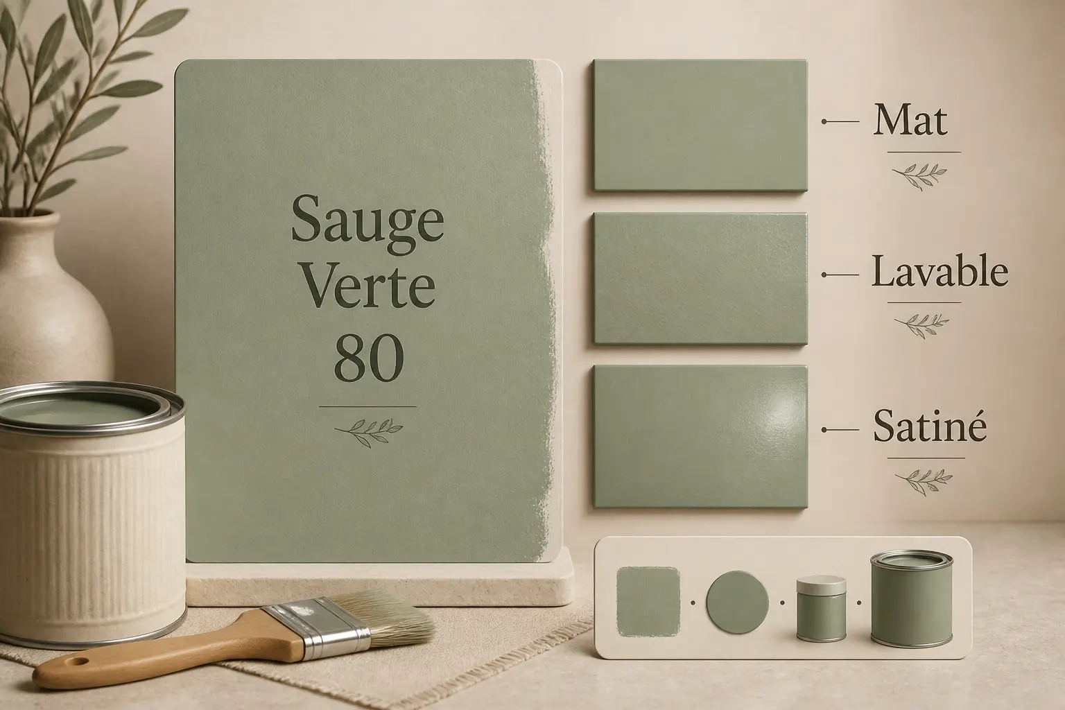 Sage green 80 chez Little Greene, avec finitions mat, lavable et satin sur échantillons.