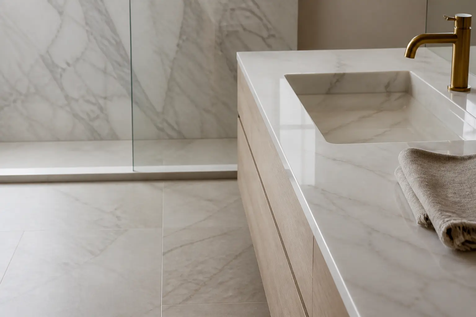 Salle de bain marbre : sol mat, plan vasque poli et panneau de douche en marbre aux finitions distinctes.