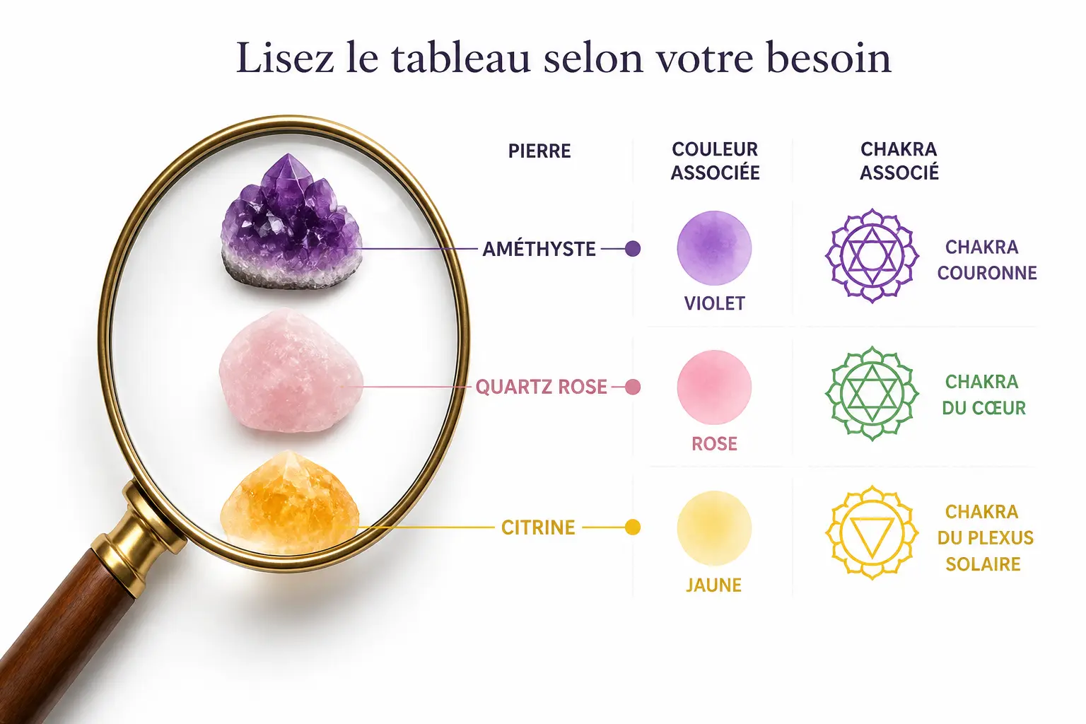 Signification des pierres : loupe sur améthyste, quartz rose et citrine avec chakras et couleurs.