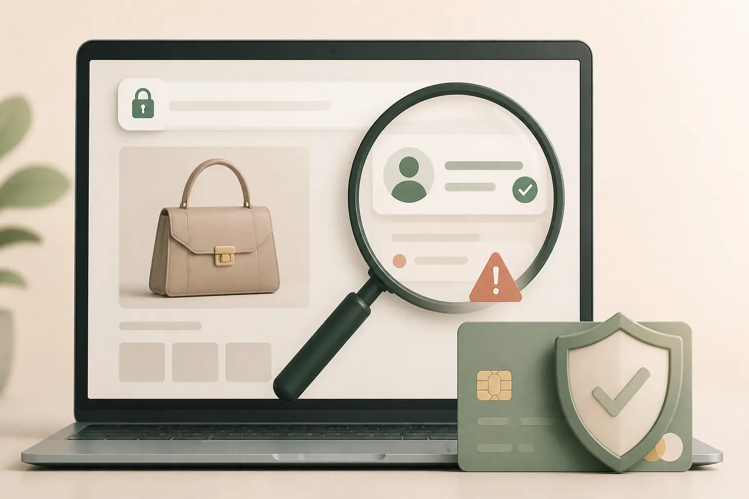 Vérifier un site de vêtement à éviter : loupe, cadenas, carte protégée et alerte sur une boutique en ligne