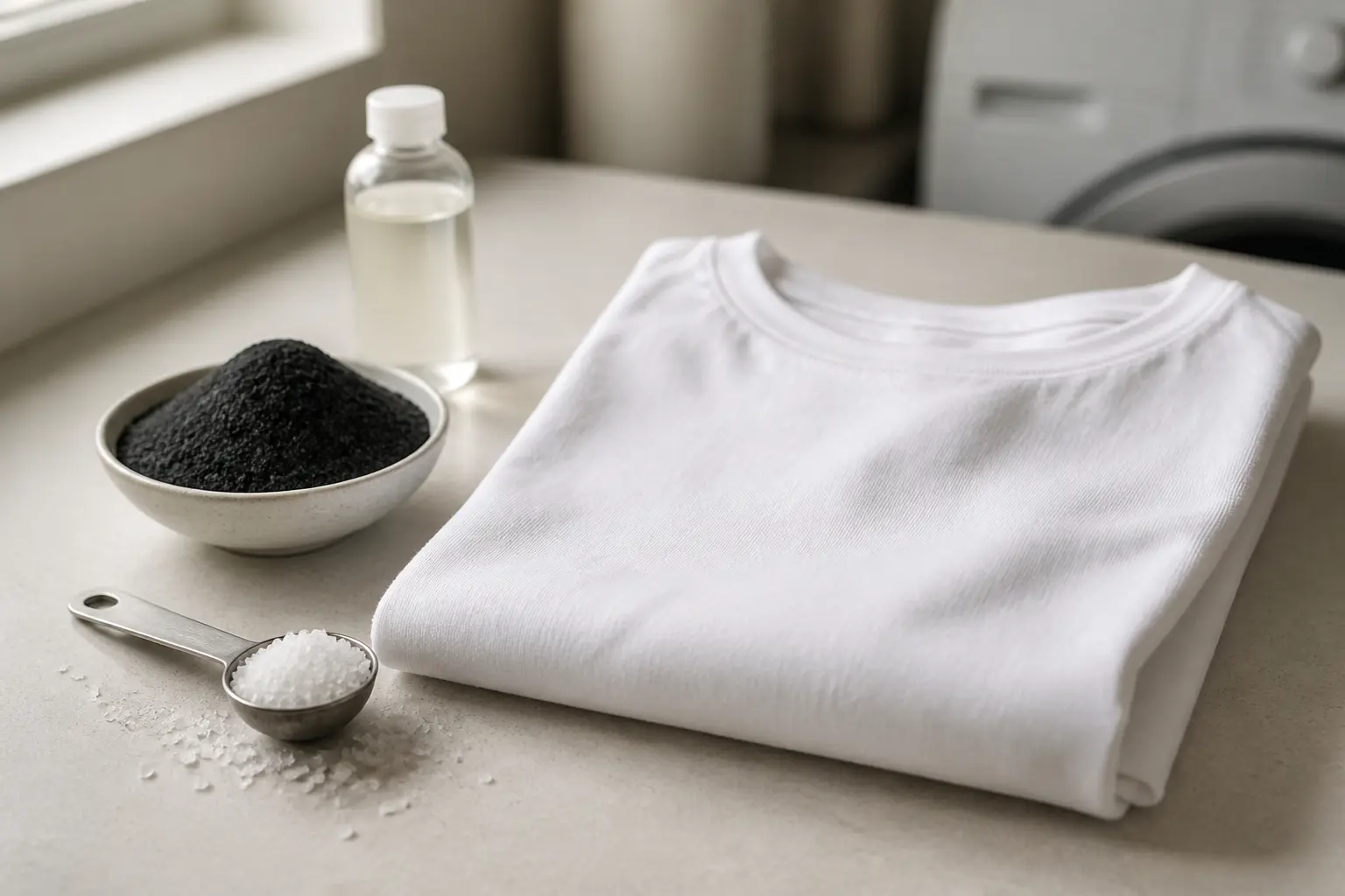 Teindre en noir un vetement : T-shirt coton, teinture textile noire, sel et fixatif sur table de lessive