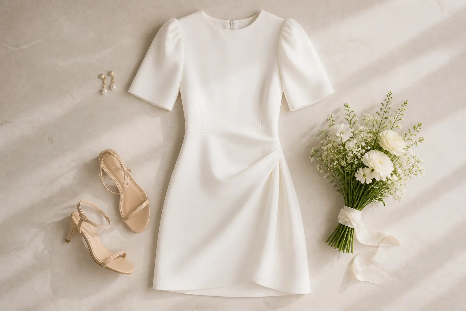Tenue pour le mariage civil : robe courte ivoire, boucles perles, sandales nude et bouquet blanc.