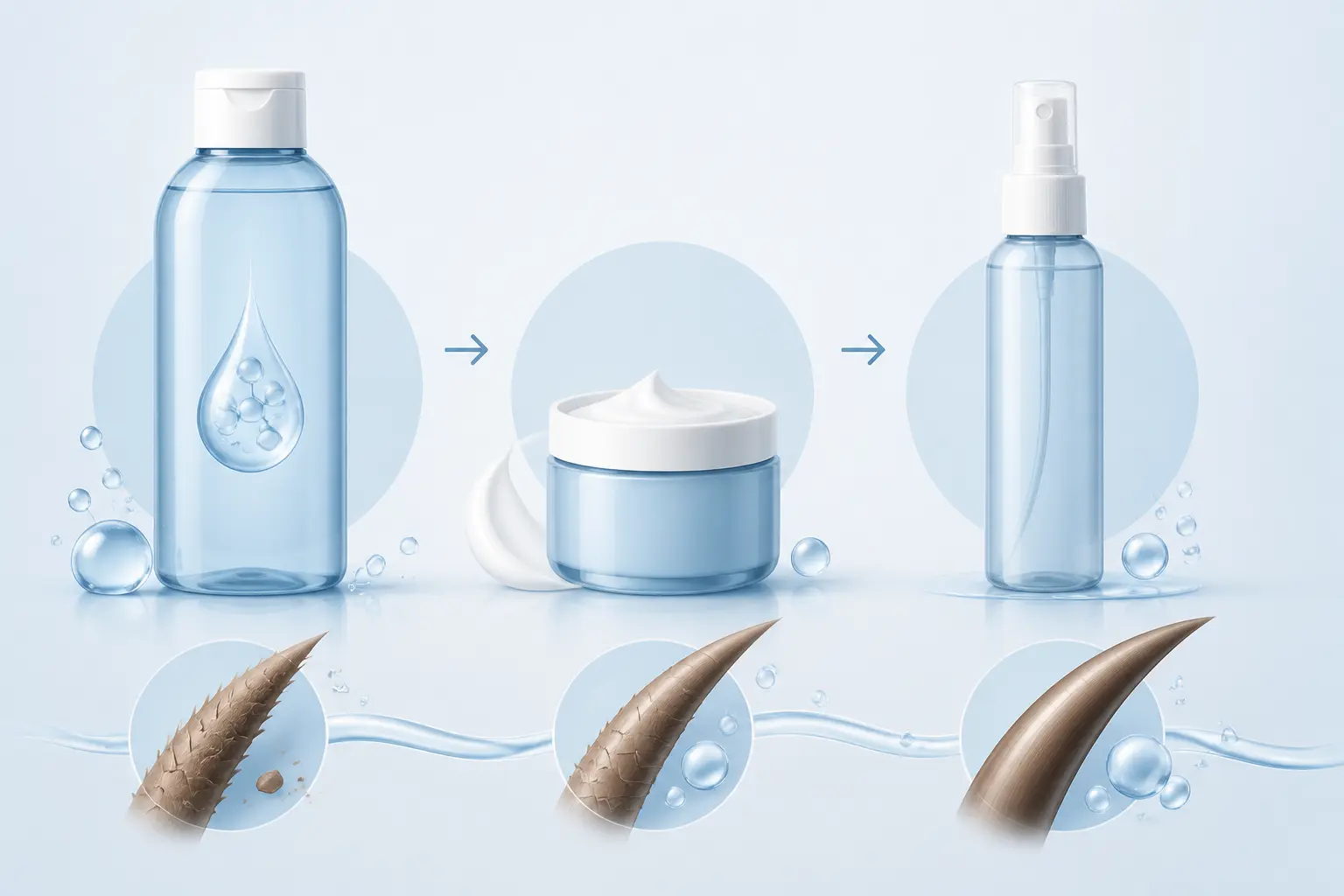 Routine capillaire avec acide hyaluronique cheveux : shampoing, masque et spray hydratant minimalistes.