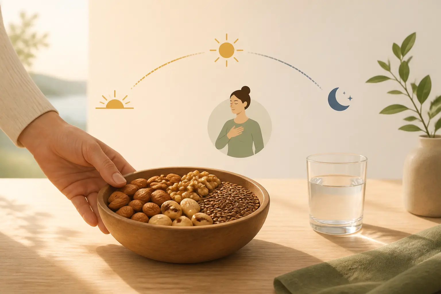 Anti stress naturel : bol de noix et graines de lin, verre d’eau et geste calme sur une table de cuisine.