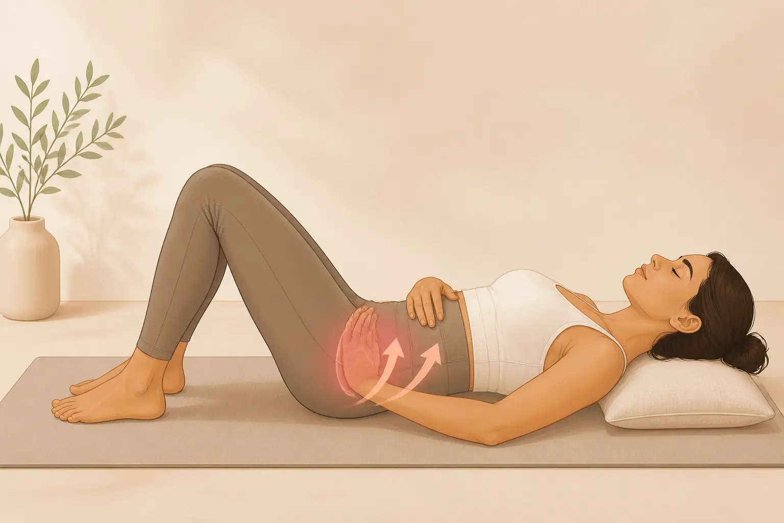 Comment muscler son périnée : femme allongée sur un tapis, bassin repéré et contraction douce illustrée.
