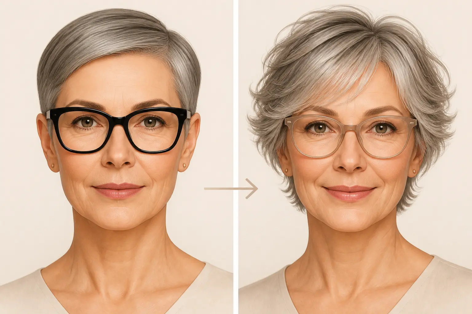 Coupe de cheveux femme 50 ans avec lunettes : comparaison entre monture large et coupe lisse, ou monture discrète et coupe texturée.