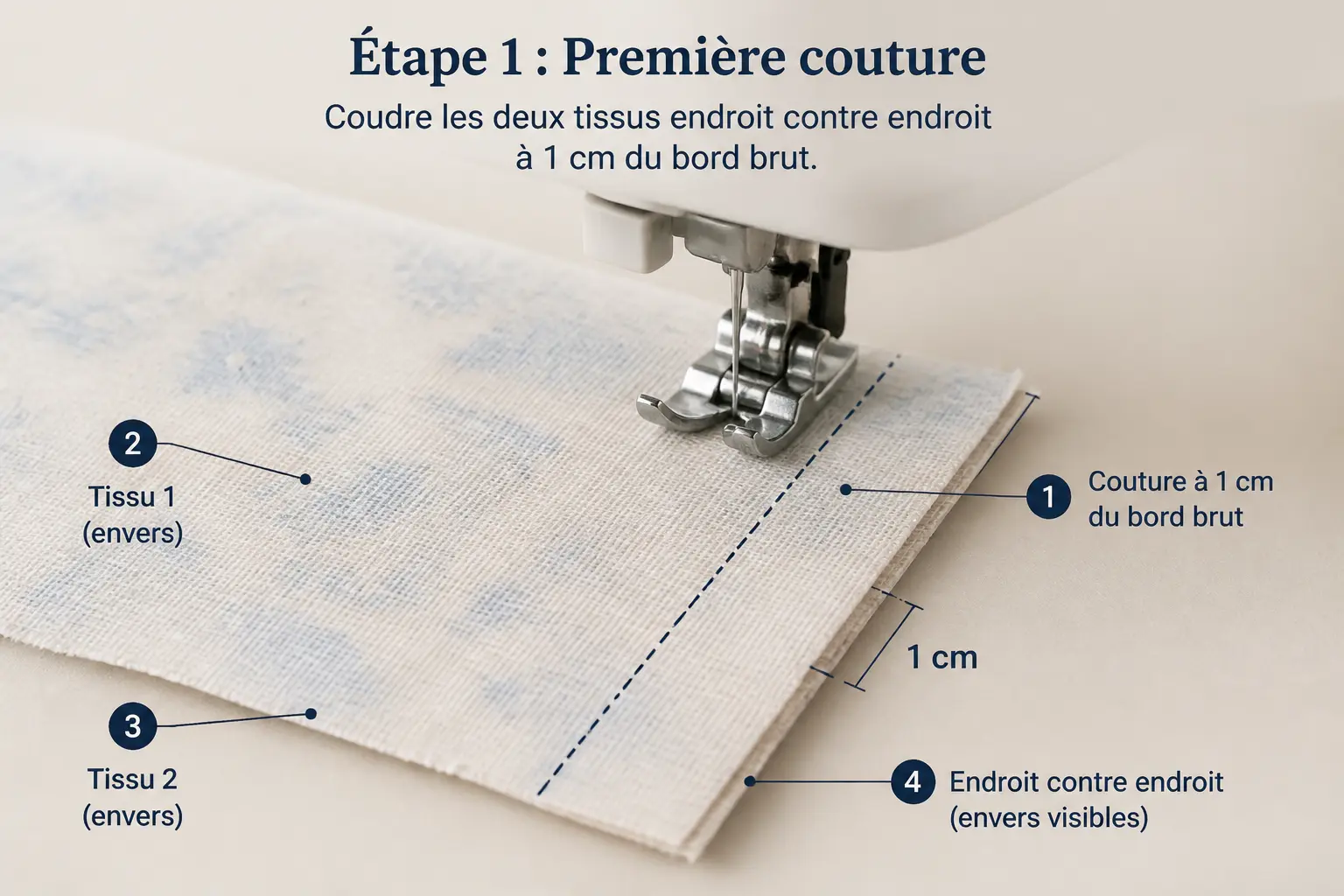 Couture anglaise : deux tissus endroit contre endroit, couture droite à 1 cm du bord, prêt à enfermer les bords.