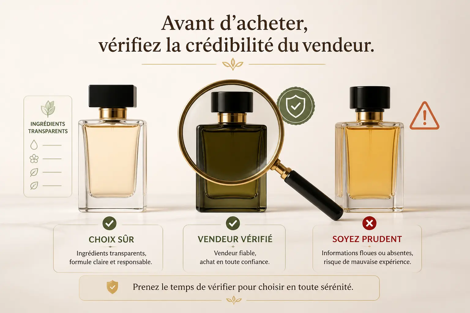 Dupe parfum : comparaison de trois flacons, vendeur vérifié, ingrédients et alerte de crédibilité.