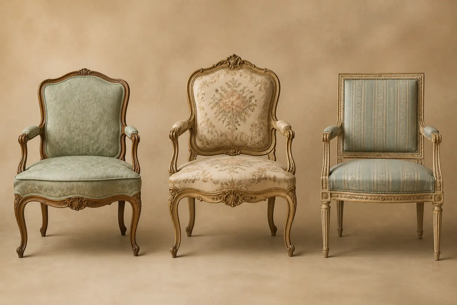 Trois fauteuils anciens français Régence, Louis XV et Louis XVI, côte à côte, styles distincts