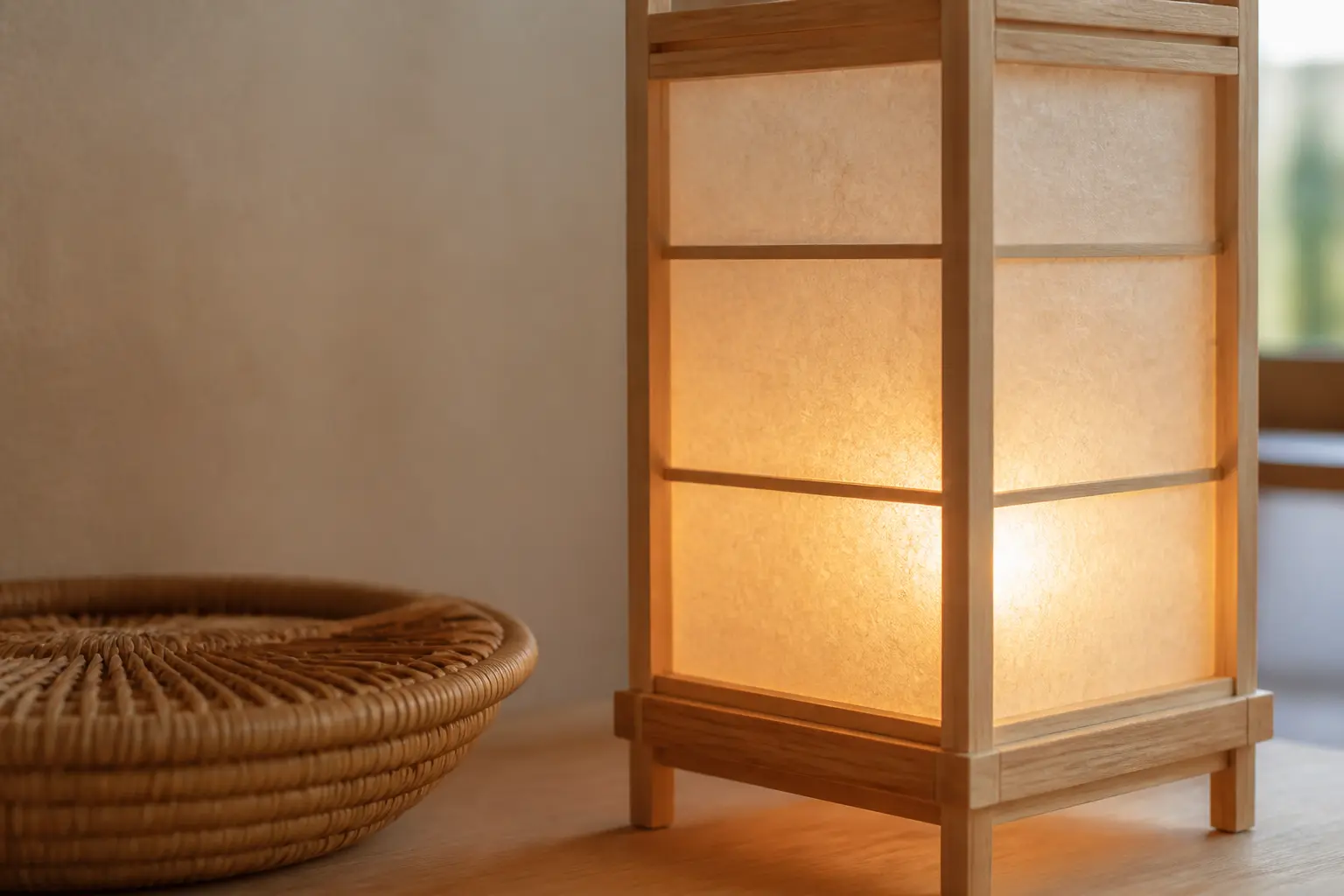 Lampe japonaise en papier washi et bois diffusant une lumière chaude dans un coin calme