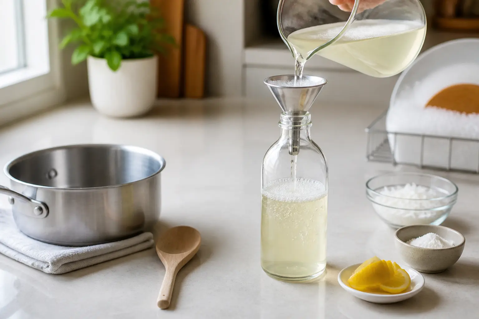 Liquide vaisselle maison en préparation dans une bouteille transparente avec casserole, entonnoir et ingrédients