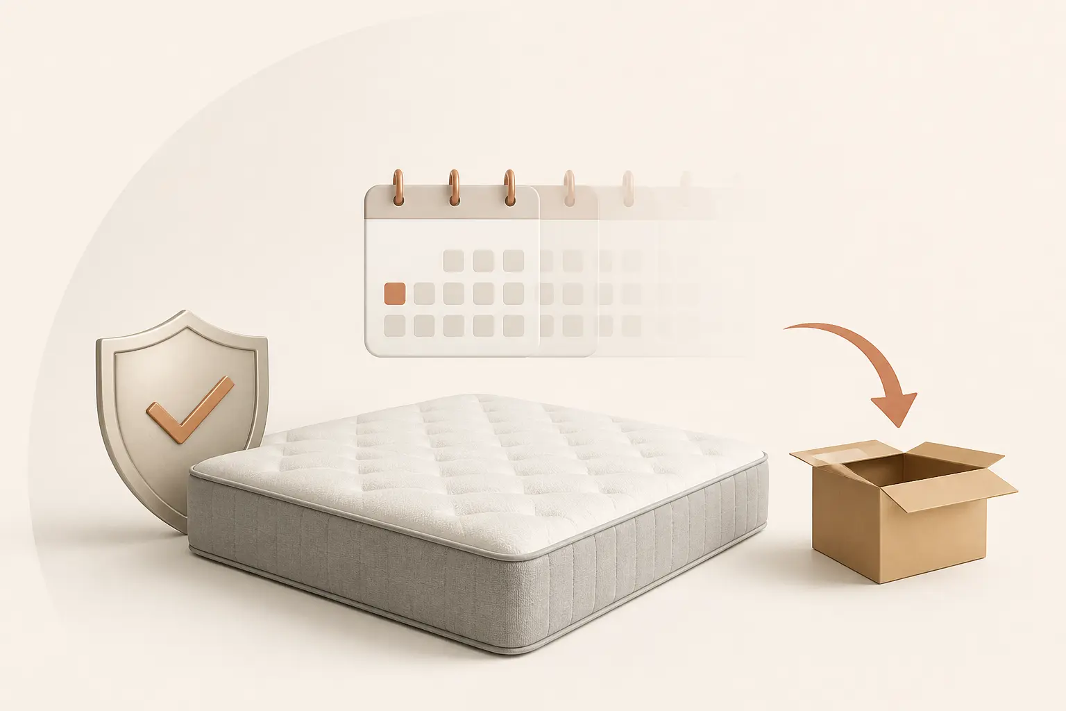 Matelas avec bouclier, calendrier de garantie et boîte de retour illustrant une marque de matelas à éviter