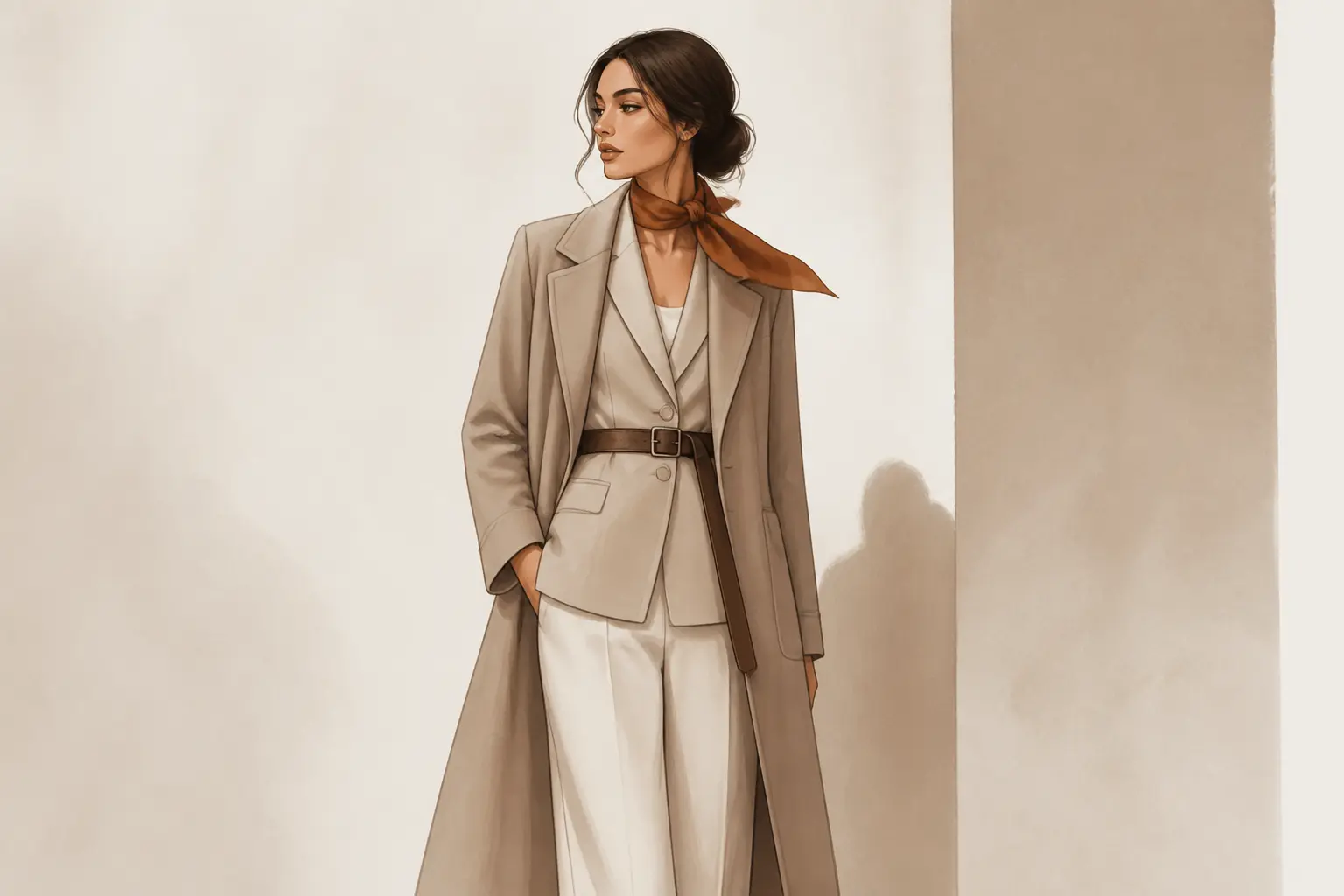 Morphologie en h : illustration mode d’une femme en tenue neutre, blazer court, long manteau cintré et ceinture.