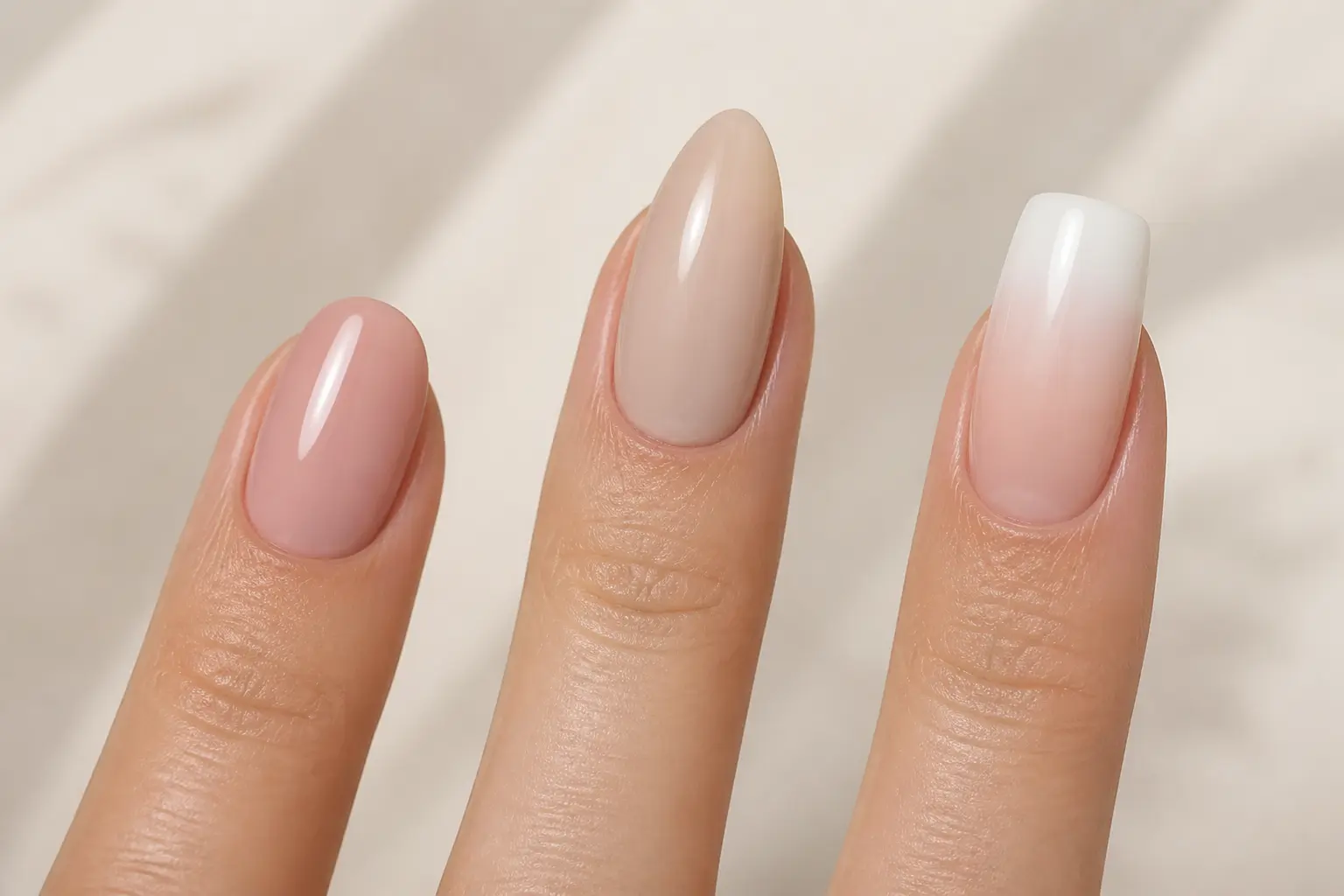 Trois ongles baby boomer sur formes ovale, amande et carré souple, en nude rose, beige et blanc laiteux.