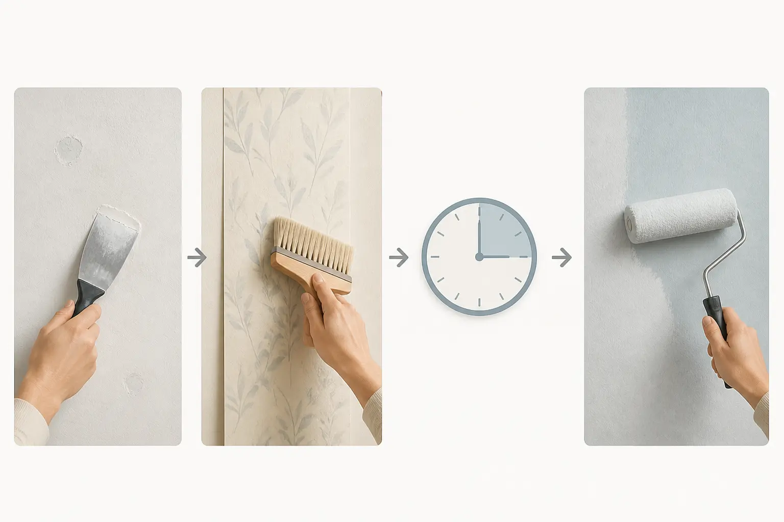 Préparation d’un papier peint à peindre : lissage, pose, attente puis première couche au rouleau.