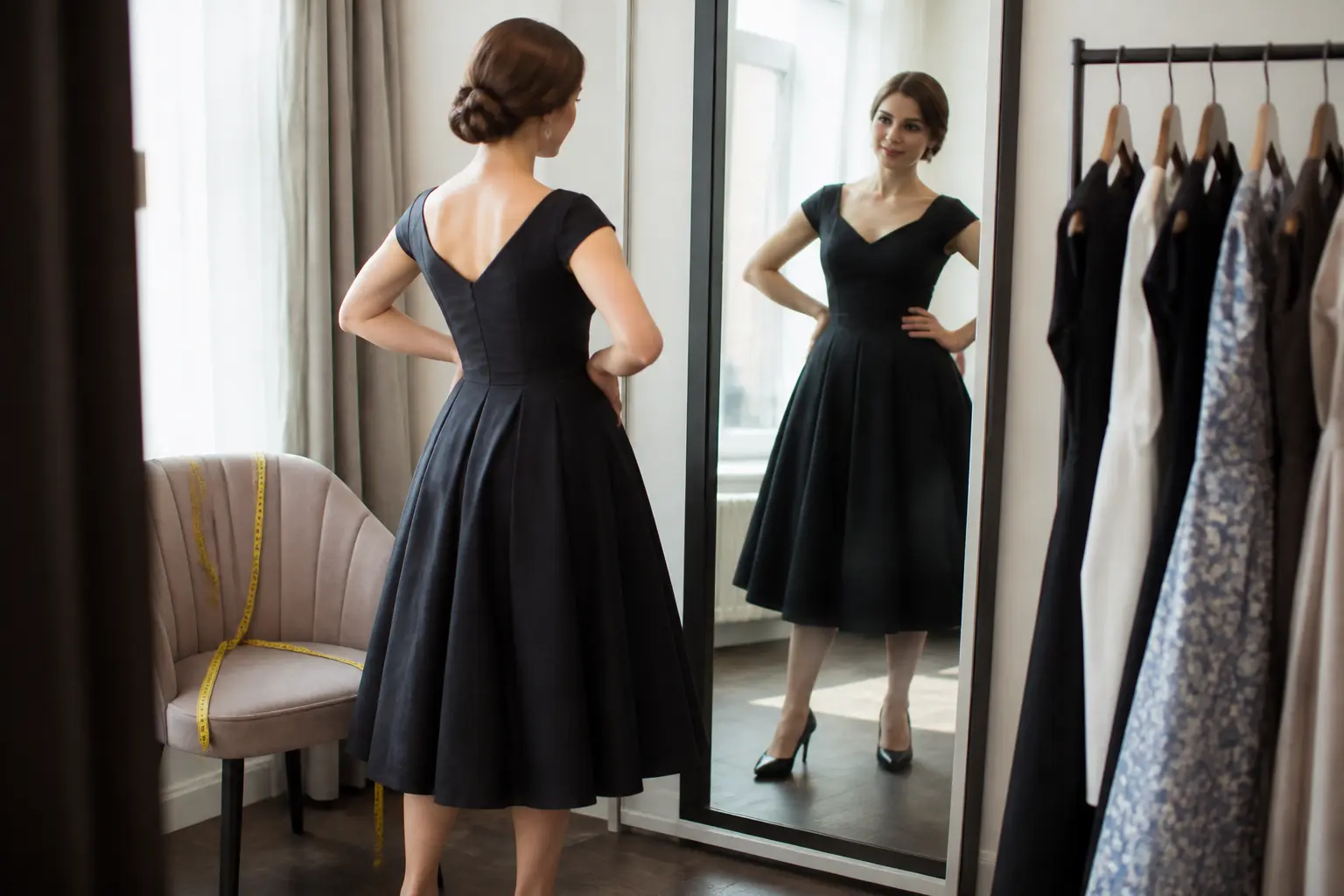 Essayage d’une robe année 50 en cabine, coupe cintrée et jupe évasée testées pour confort et allure.