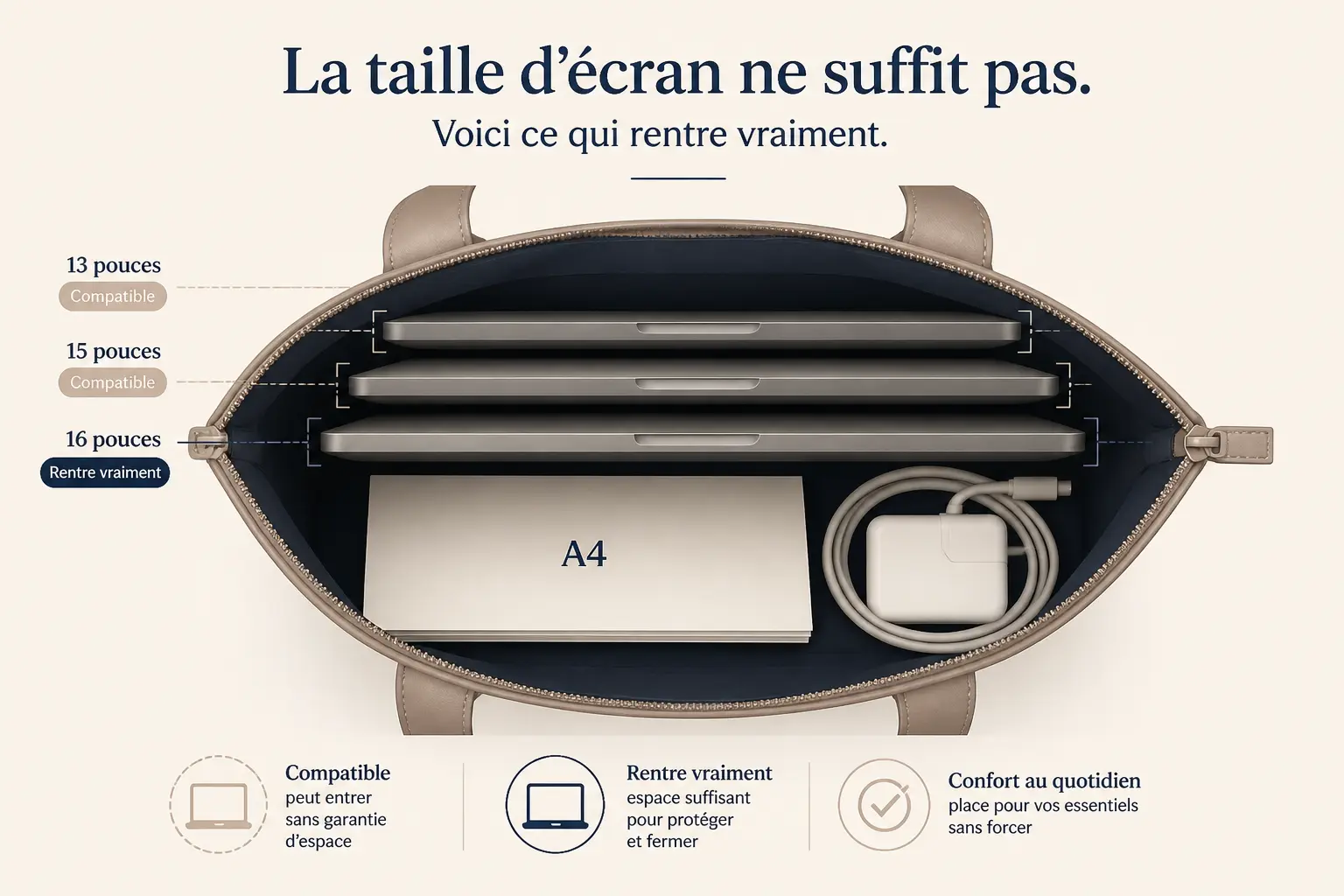 Sac pour travailler femme : comparaison d’un tote bag avec ordinateurs 13, 15 et 16 pouces, A4 et chargeur