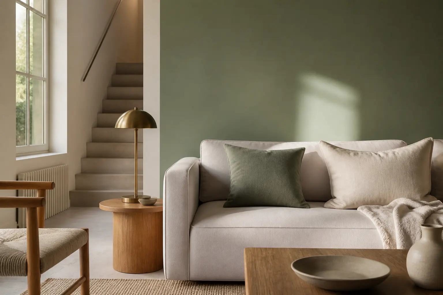 Salon moderne avec mur sage green, coussin assorti, bois clair et laiton sous lumière naturelle.