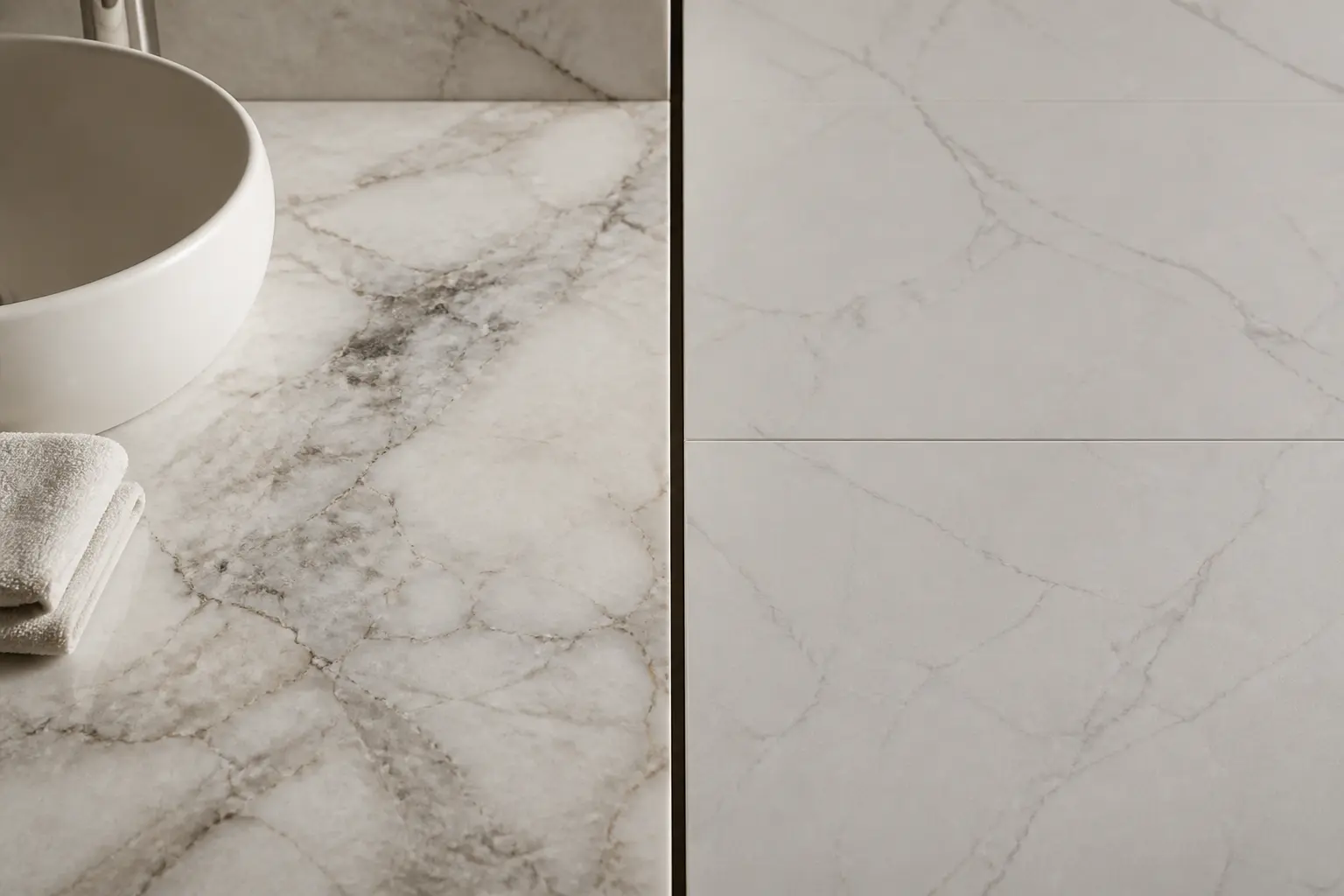 Salle de bain marbre : comparaison entre marbre naturel et effet marbre sur deux surfaces élégantes