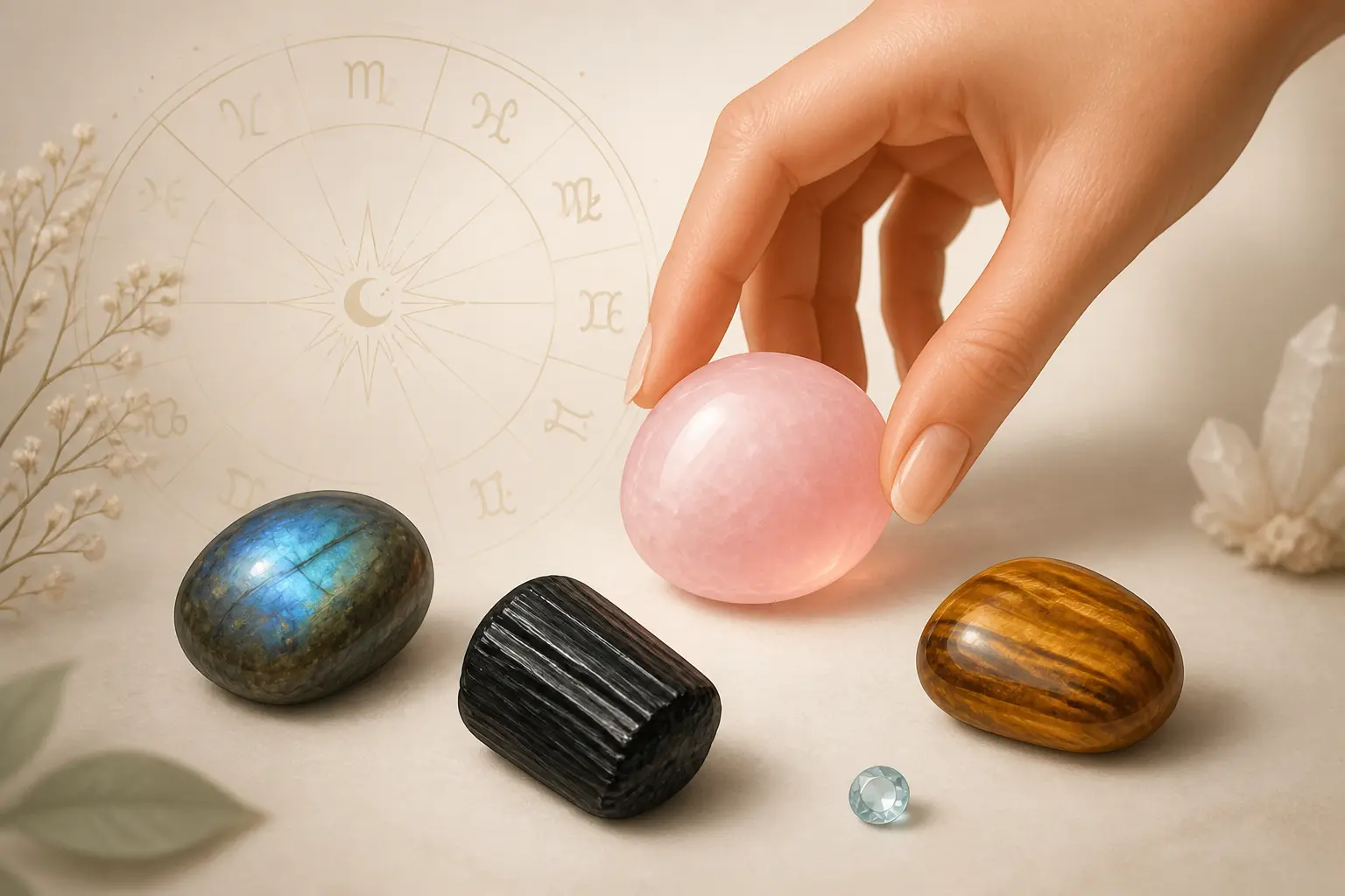 Signification des pierres : une main choisit entre labradorite, tourmaline noire, quartz rose et œil de tigre.